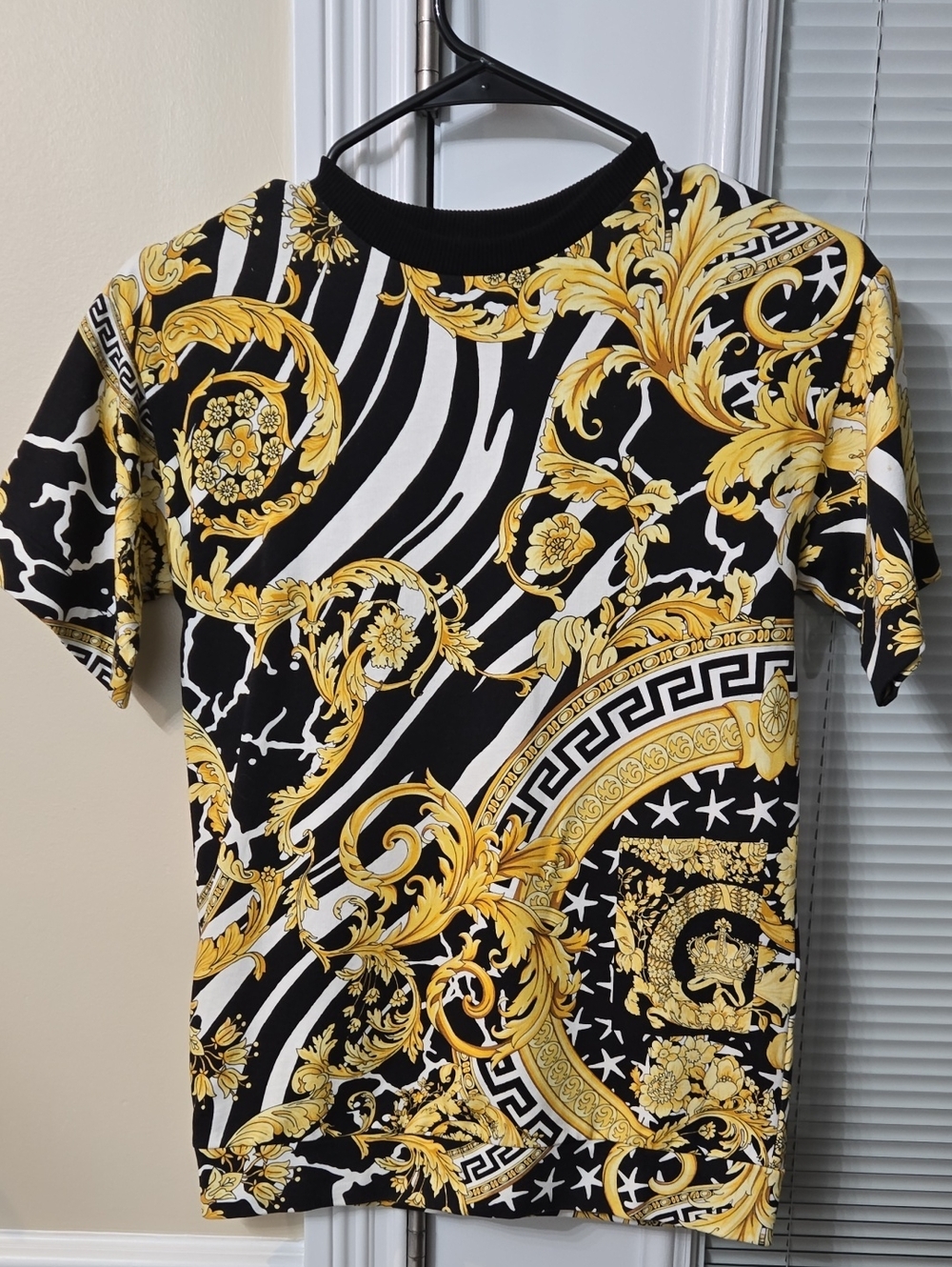 Kids Baroque-Print Black & Gold Short Sleeve Tee Dress